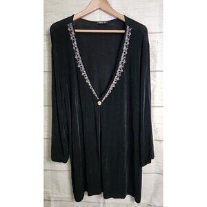 Vikki Vi Cardigan Women's Size 1X Black Slinky One Button V Neck Embroidered USA